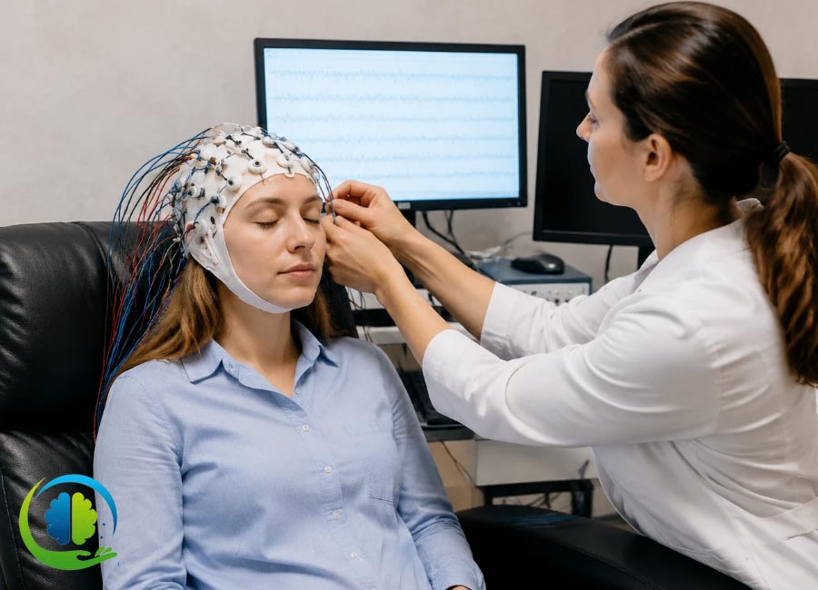 الکترودهای EEG روی سر بیمار 